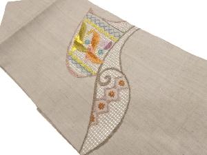 手織り紬汕頭相良刺繍鳥・幾何学模様名古屋帯